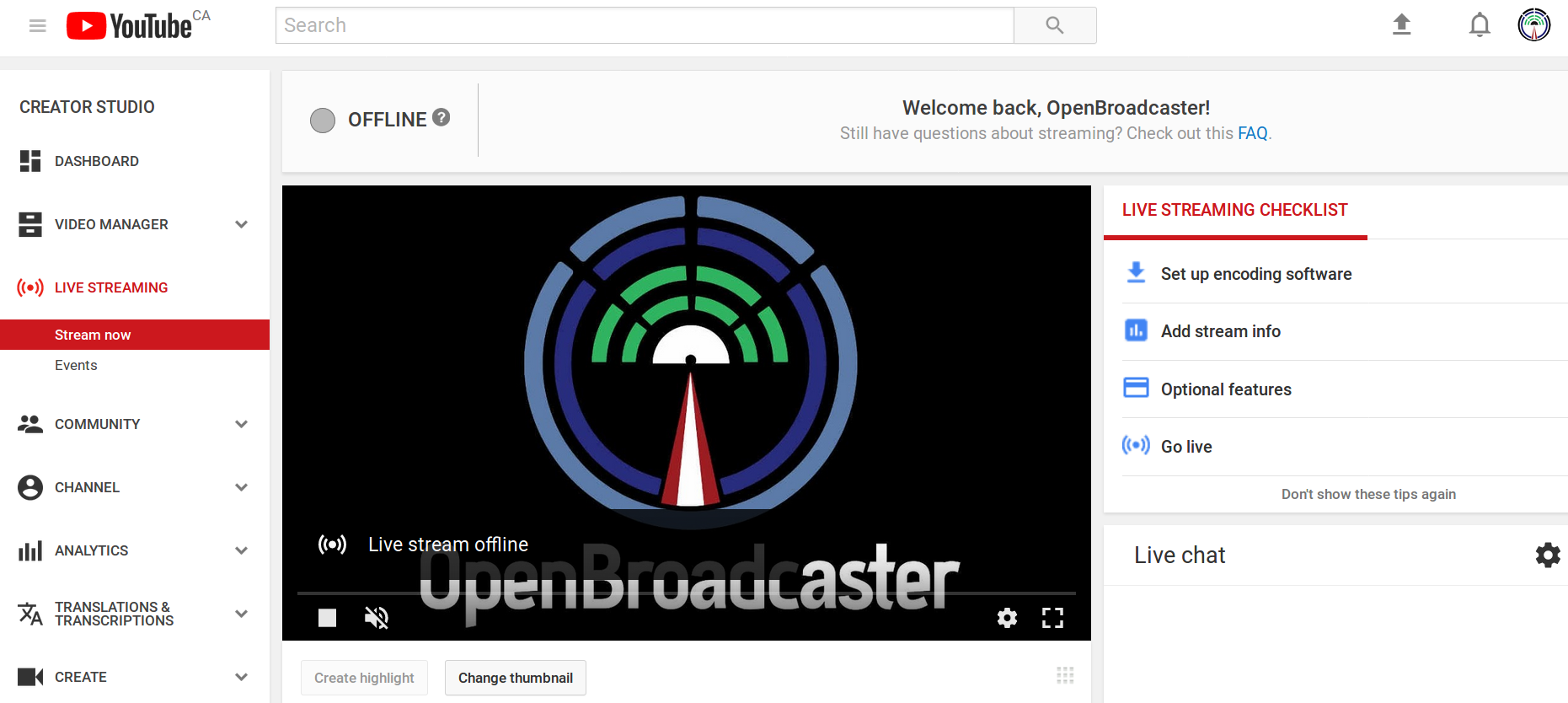OpenBroadcaster YouTube Streaming